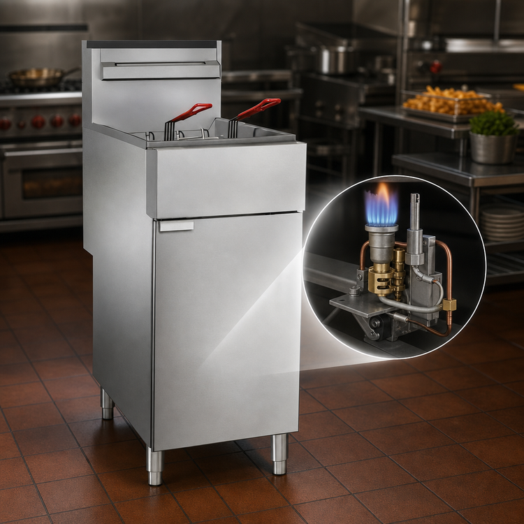 Product image #3 for BakeMax BAKEG50 Natural Gas Floor Model Fryer, 50 lb. Capacity, 120,000 BTU