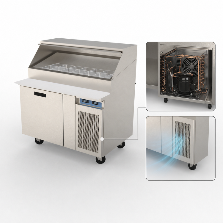 Product image #3 for Randell 48-Inch One-Section Refrigerated Raised Rail Prep Table with Right-Side Compressor