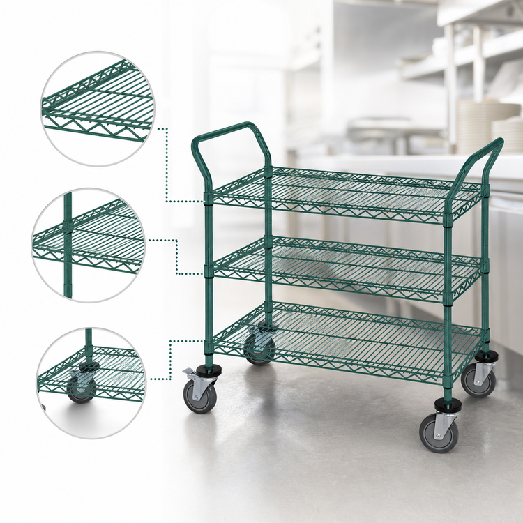Product image #3 for Quantum 3-Shelf Wire Bus Cart with U-Handles, 42 x 21 x 37-1/2 Inches, Green Epoxy Antimicrobial Finish