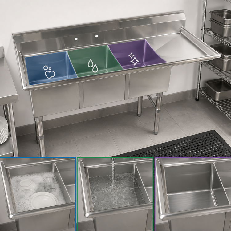 Product image #3 for Klinger's Trading 62-1/2 Inch Heavy Duty Three-Compartment Stainless Steel Sink with Right Drainboard