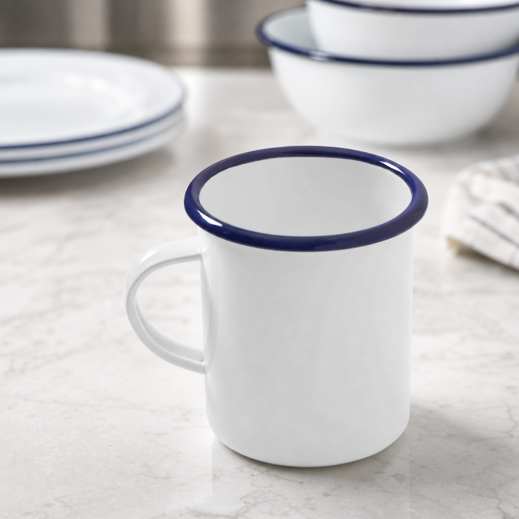 Product image #3 for American Metalcraft Enamelware 16 oz Mug, White with Blue Rim, Enamel-Coated Steel