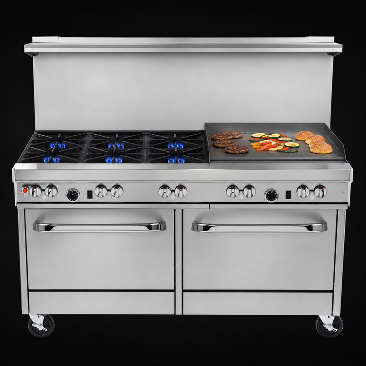 Product image #3 for Southbend Ultimate 60-Inch Commercial Gas Restaurant Range with 3 Star/Saute Burners, 2 Pyromax Burners, 24-Inch Griddle, Standard Oven and Cabinet Base