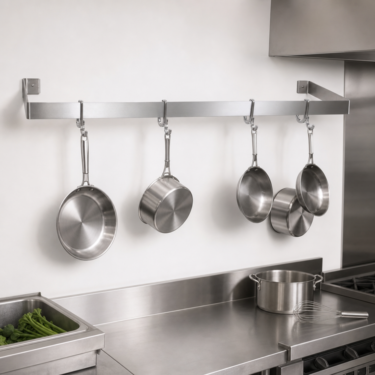 Product image #3 for John Boos Wall-Mount Single-Bar Stainless Steel Pot Rack with 6 Double Hooks, 72 Inch