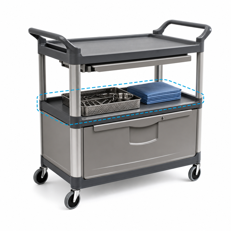 Product image #3 for Rubbermaid Commercial Xtra Instrument Cart with Lockable Doors, Sliding Drawers, 2 Shelves, Gray
