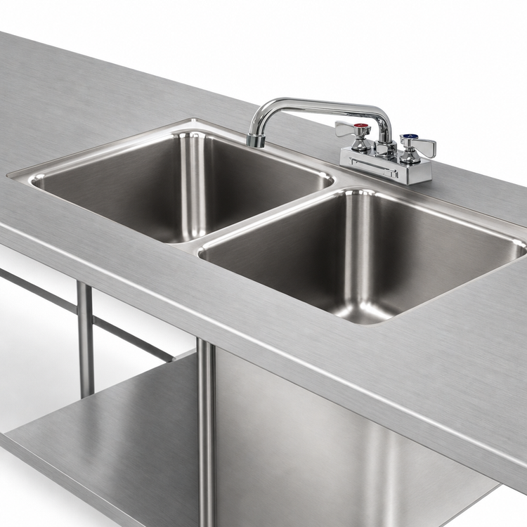 Product image #3 for Advance Tabco Double-Bowl Welded Sink Top with 20" x 20" x 12" Bowls