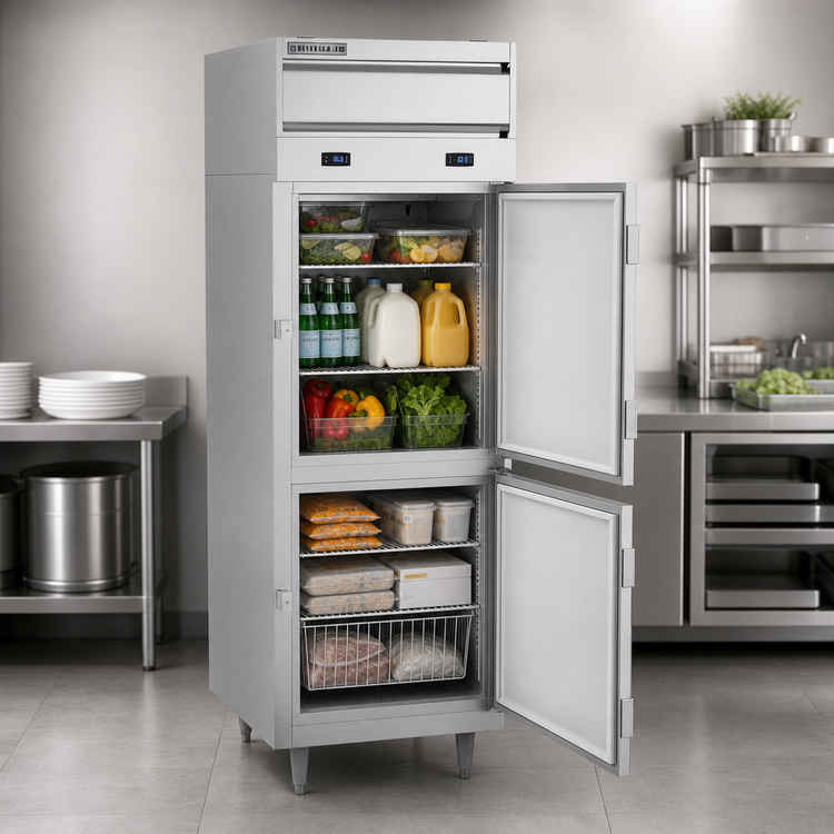 Product image #3 for Beverage Air P-Series Dual Temp One-Section Reach-In Refrigerator/Freezer with Top-Mounted Self-Contained Refrigeration and Lockable Half-Doors