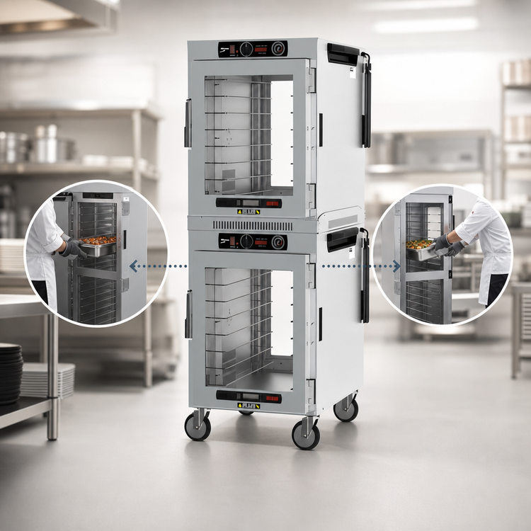 Product image #4 for Metro HotBlox™ Wide 16-Pan Mobile Pass-Thru Dual-Cavity Insulated Holding Cabinet with Clear Front and Rear Doors, Analog Control