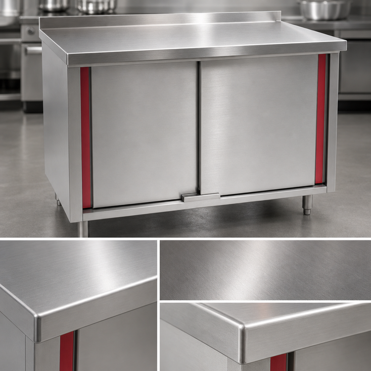 Product image #3 for Spec-Master Marine Series Enclosed Work Table with Cabinet Base and 4 Sliding Doors, 96 x 24 Inch, 14-Gauge Stainless Steel Top