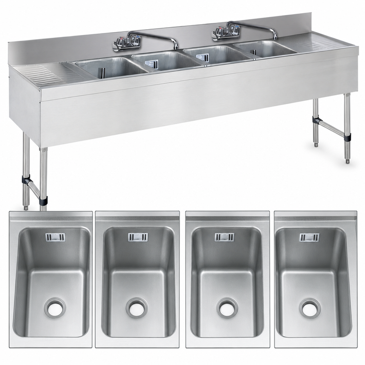 Product image #3 for Advance Tabco Special Value Series 4-Compartment Stainless Steel Bar Sink with Dual Drainboards and Splash-Mount Faucets, 96 x 18 Inches