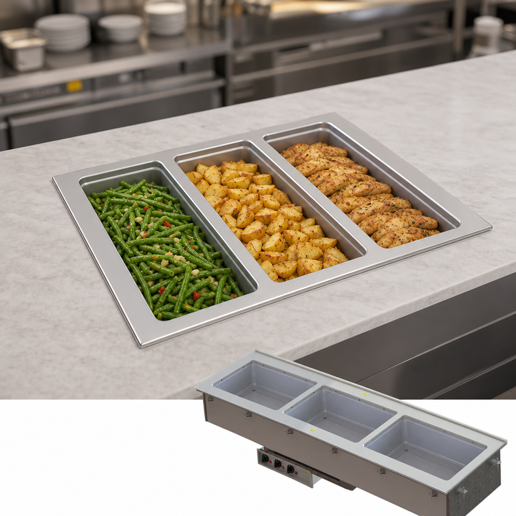 Product image #3 for Vollrath Short-Side 3-Pan Marine Grade Drop-In Hot Well with Thermostatic Controls, Standard Drain, 208-240V