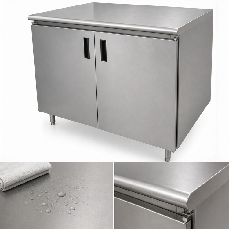 Product image #3 for Advance Tabco Special Value Series Economy Enclosed Work Table with Cabinet Base, Mid-Shelf and Hinged Doors, 60 x 24 Inches, 16-Gauge 304 Stainless Steel Top