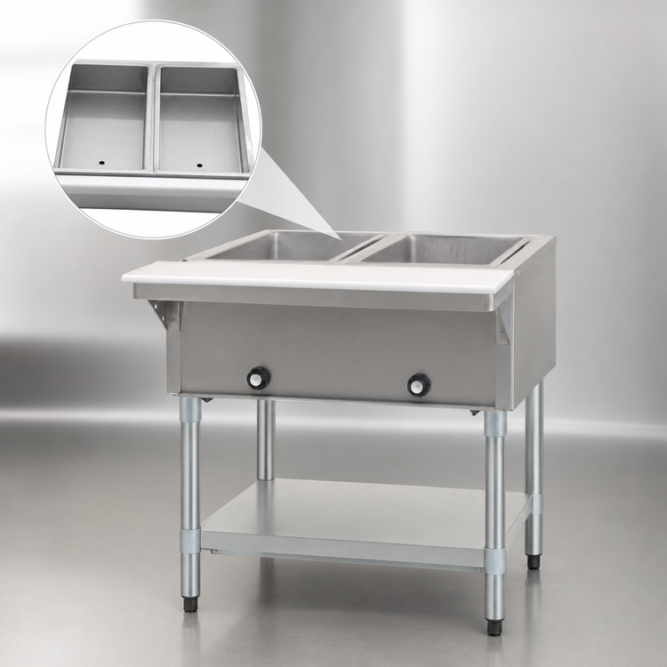 Product image #3 for Eagle Group 33-Inch Wide Natural Gas Open Base Hot Food Table with (2) 12 x 20 Dry Wells and Poly Cutting Board