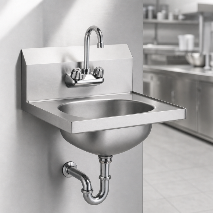 Product image #3 for Traditional Wall-Mount 304 Stainless Steel Hand Sink with Splash-Mount Gooseneck Faucet, P-Trap, Tailpiece and Basket Drain