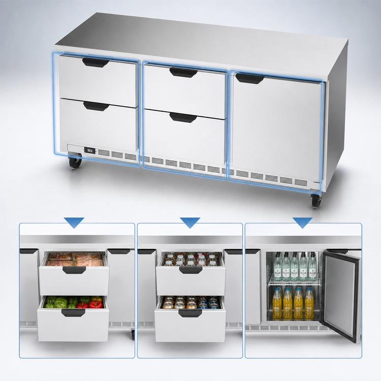 Product image #3 for Beverage-Air 72-Inch Three-Section Worktop Refrigerator, 4 Drawers, 1 Door, Flat Top