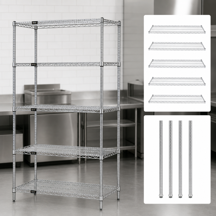 Product image #3 for Quantum Wire Shelving Starter Kit, 60"W x 36"D x 63"H, Stationary, 5 Shelves, Chrome Plated