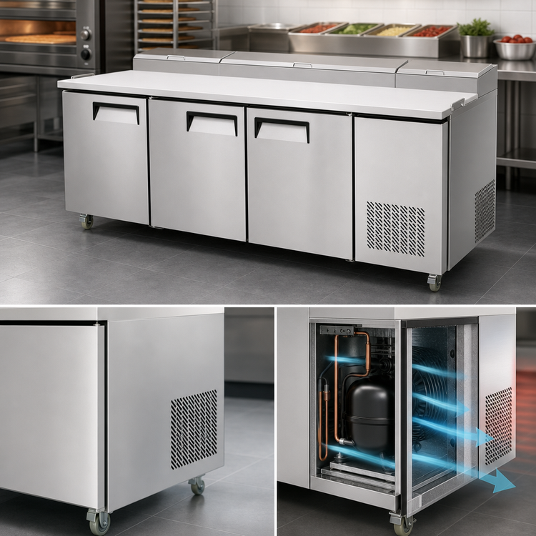 Product image #3 for Atosa 93-Inch Three-Section Refrigerated Pizza Prep Table with Side-Mounted Self-Contained Refrigeration, 3 Doors