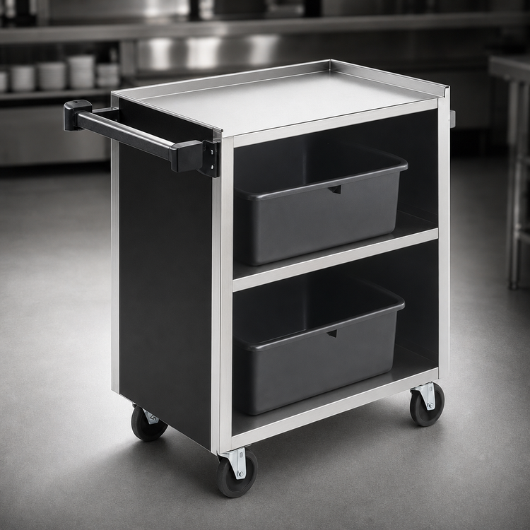 Product image #3 for Vollrath 3-Shelf Bussing Cart with Three-Sided Black Vinyl Panels and Stainless Steel Shelves, 300 lb. Capacity