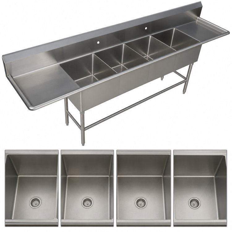 Product image #3 for John Boos Pro-Bowl 4-Compartment Stainless Steel Sink with Left and Right Drainboards, 20" x 20" x 12" Bowls
