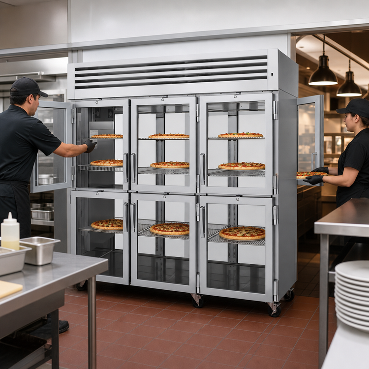 Product image #3 for Turbo Air PRO Series Pass-Thru Heated Pizza Holding Cabinet, 3-Section, 12 Half Glass Doors