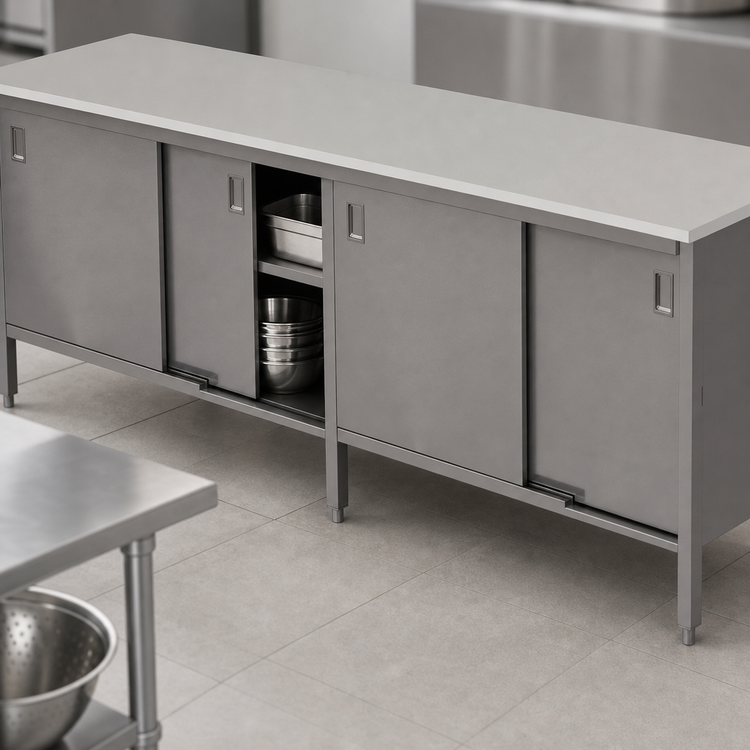 Product image #3 for John Boos Stainless Steel Enclosed Work Table with Sliding Doors and Undershelf, 120 x 24 Inch, 16-Gauge Flat Top