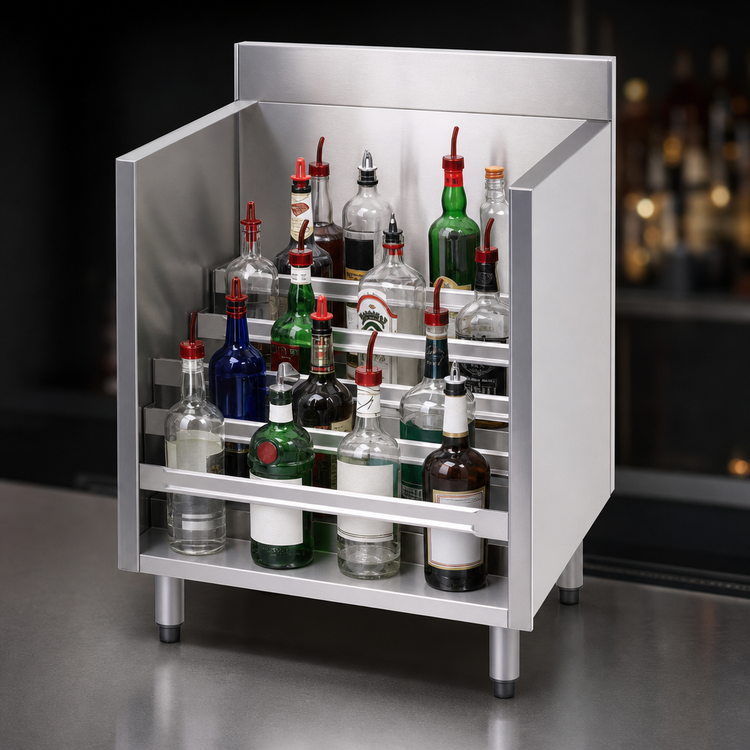 Product image #3 for Advance Tabco Underbar Basics Five-Step Freestanding Stainless Steel Liquor Bottle Display Unit, 18-Inch Wide, 20-Bottle Capacity