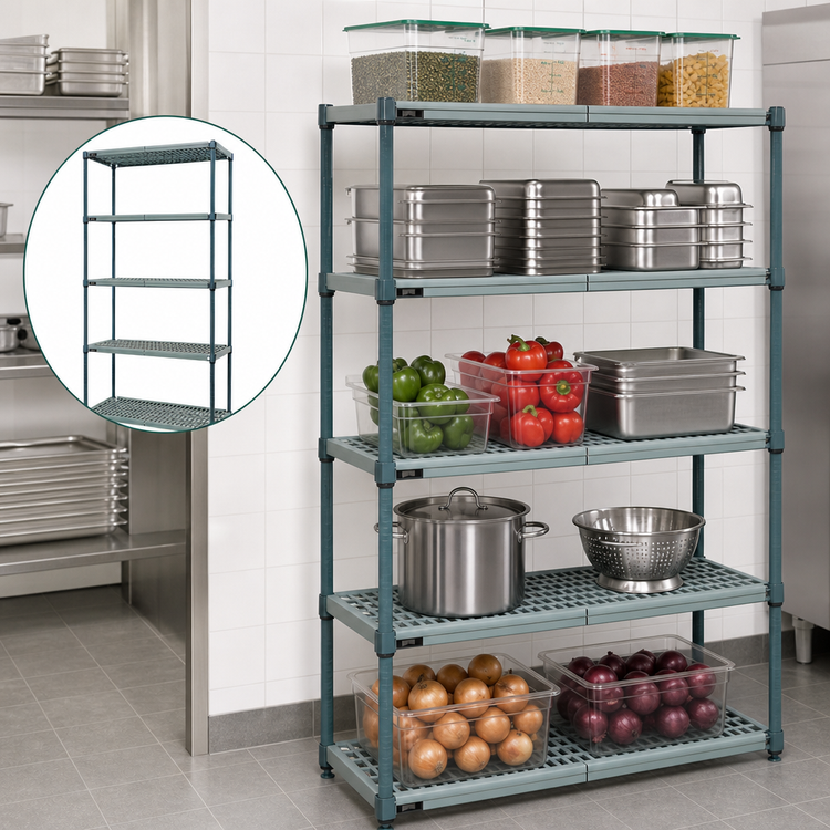 Product image #3 for Quantum 5-Tier Stationary Wire Plastic Mat Shelving Unit, 24 x 14 x 63 Inches, Green Epoxy Coated