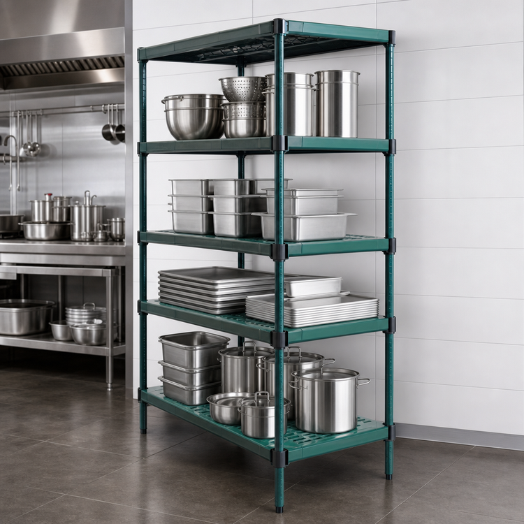 Product image #3 for QuadPLUS 5-Tier Stationary Starter Wire Shelving Unit, 60"W x 18"D x 74"H, Green Epoxy Finish