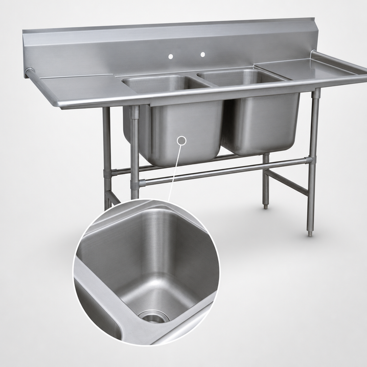 Product image #3 for Advance Tabco Regaline 2-Compartment Stainless Steel Sink with Left and Right-Hand 36-Inch Drainboards, 16 x 20-Inch Bowls