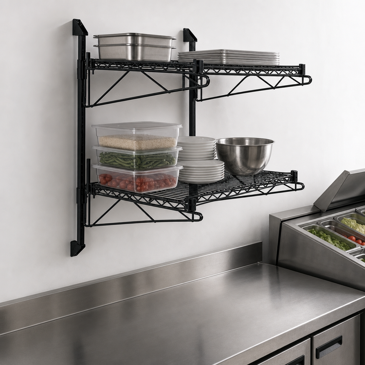 Product image #3 for Quantum Wall-Mounted Cantilever Double Shelf Wire Shelving Unit, 36" W x 12" D Shelves, Black Epoxy