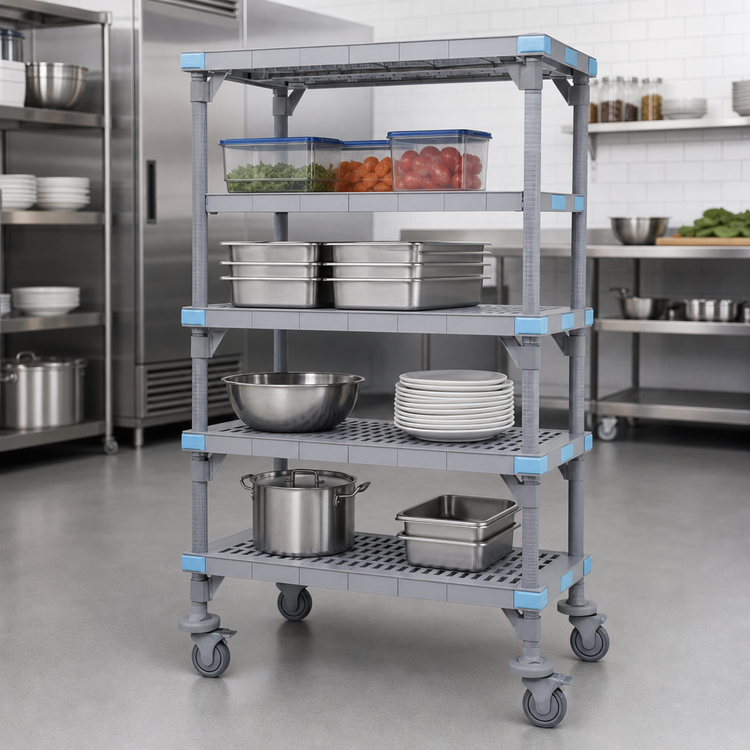 Product image #3 for Quantum Millenia Mobile Polymer Shelving Starter Unit with 4 Open Grid Shelves, 24 x 24 x 74 Inches, Gray