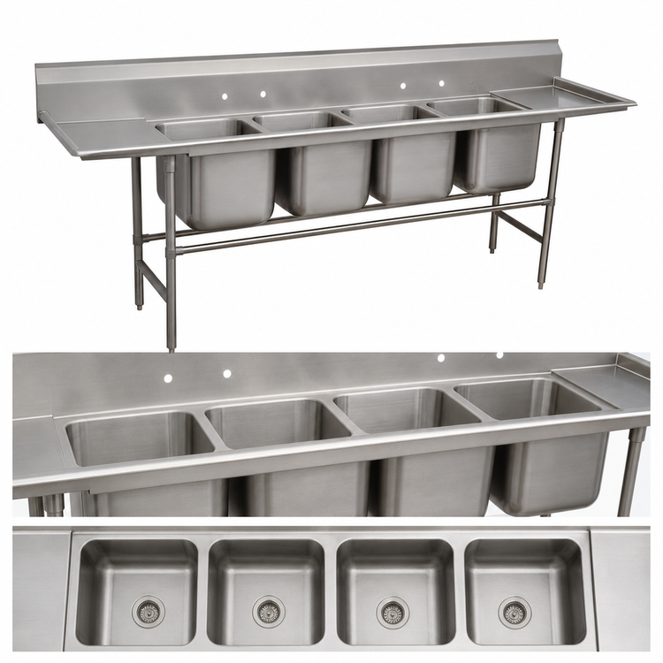Product image #3 for Advance Tabco Regaline 4-Compartment Sink with Left and Right-Hand Drainboards, 20" x 20" Compartments, 14-Gauge 304 Stainless Steel