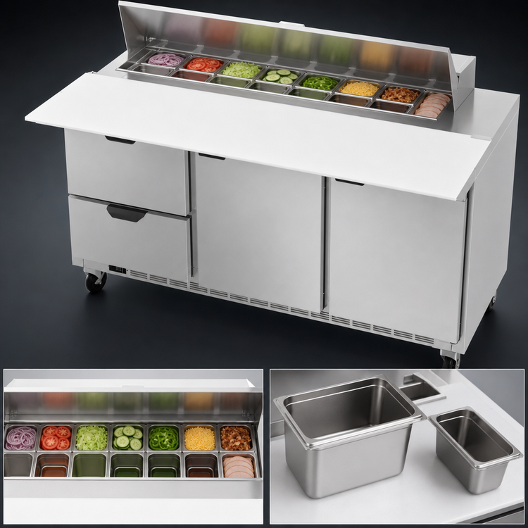 Product image #4 for Beverage-Air 72-Inch Three-Section Sandwich Prep Table with 17-Inch Cutting Board, 8-Pan Top, 2 Doors, and 2 Drawers