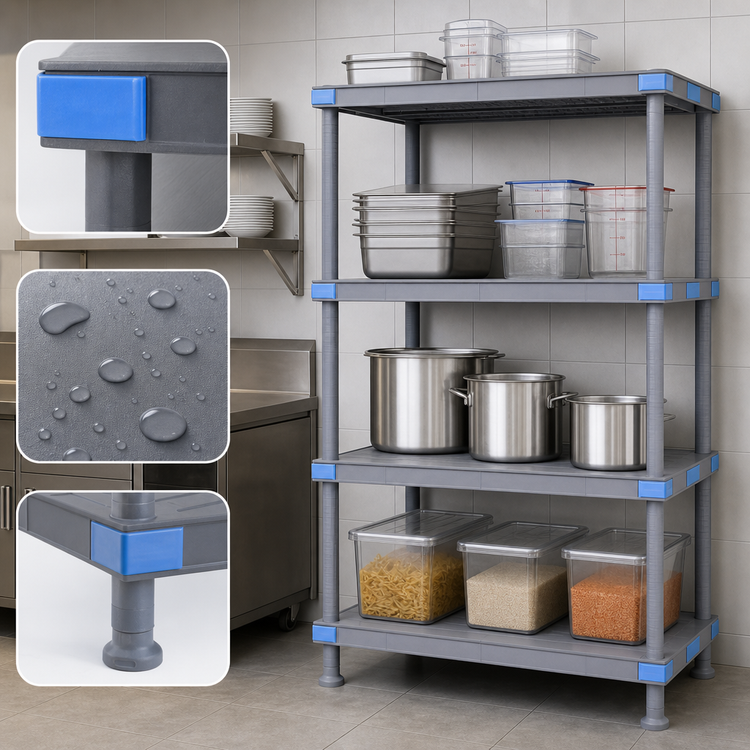 Product image #3 for Quantum Millenia 4-Shelf Stationary Starter Polymer Shelving Unit with Solid Shelves and Dunnage Stand, 72W x 18D x 86H, Gray