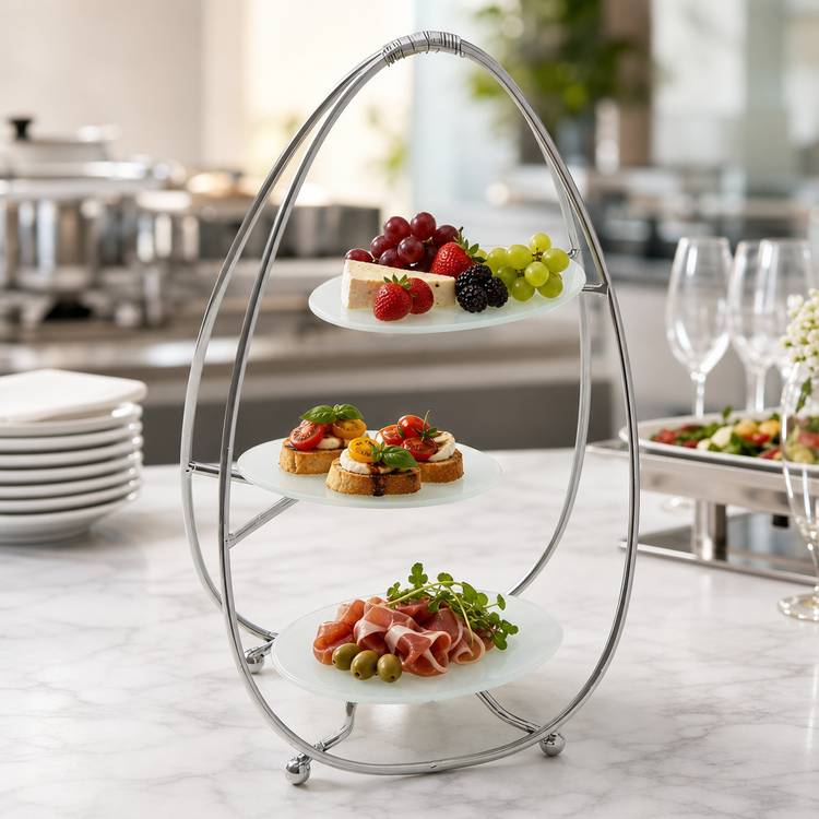 Product image #3 for American Metalcraft Oval Three-Tier Buffet Stand with Frosted Glass Plates, Silver Finish