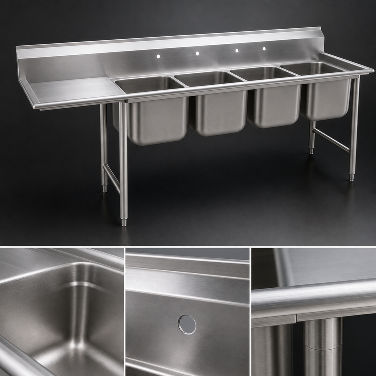 Product image #3 for Eagle Group 414 Series Four-Compartment 24x24x13.5 Inch Stainless Steel Sink with 18 Inch Left Drainboard