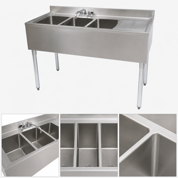 Product image #3 for BK Resources 48-Inch Slim-Line 3-Compartment Stainless Steel Underbar Sink with Right Drainboard