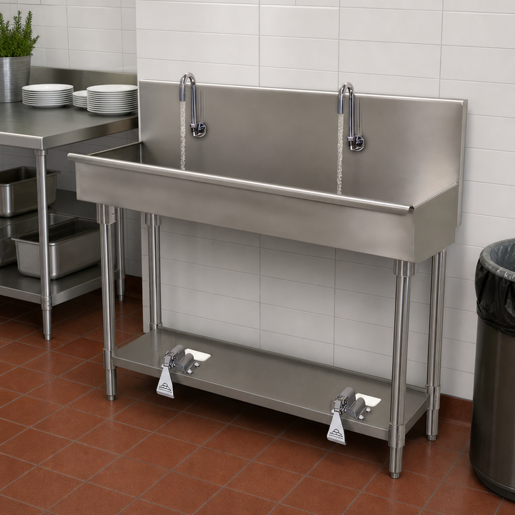 Product image #3 for Advance Tabco 19-FM-40FV Multiwash Two-Station Floor-Mounted Hand Sink with Toe-Push Faucets, 40-Inch 304 Stainless Steel