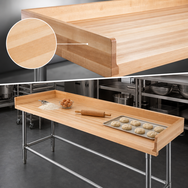 Product image #3 for John Boos 96-Inch Baker's Top Work Table with Maple Top, Stainless Steel Legs, and 4-Inch Coved Riser