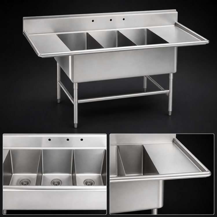 Product image #3 for Advance Tabco Regaline K7-3-2430-24RL Super Size 3-Compartment Fabricated Sink with Left and Right-Hand Drainboards