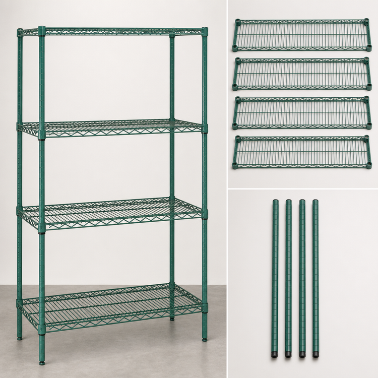 Product image #3 for Quantum Wire Shelving Starter Kit, 42"W x 12"D x 74"H, 4-Shelf, Green Epoxy Antimicrobial Finish