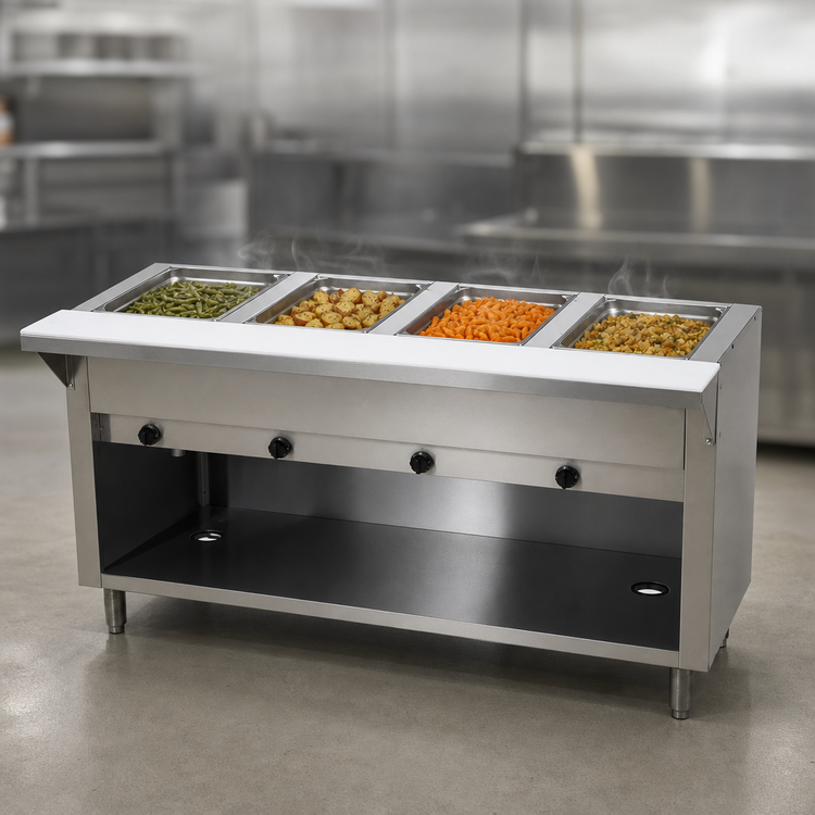Product image #3 for Advance Tabco Triumph Supreme Propane Gas Open-Well Hot Food Table with 4 Wells, Enclosed Base, and Cutting Board Shelf