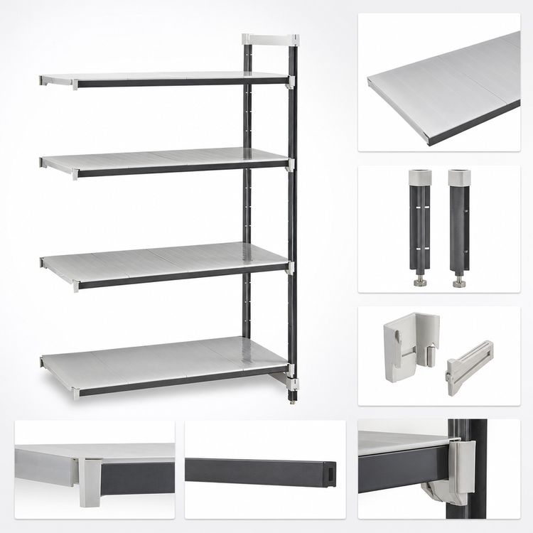 Product image #3 for Cambro Camshelving Elements XTRA 4-Tier Solid Stationary Add-On Polymer Shelving Unit, 18 x 54 x 64 Inches, Speckled Gray