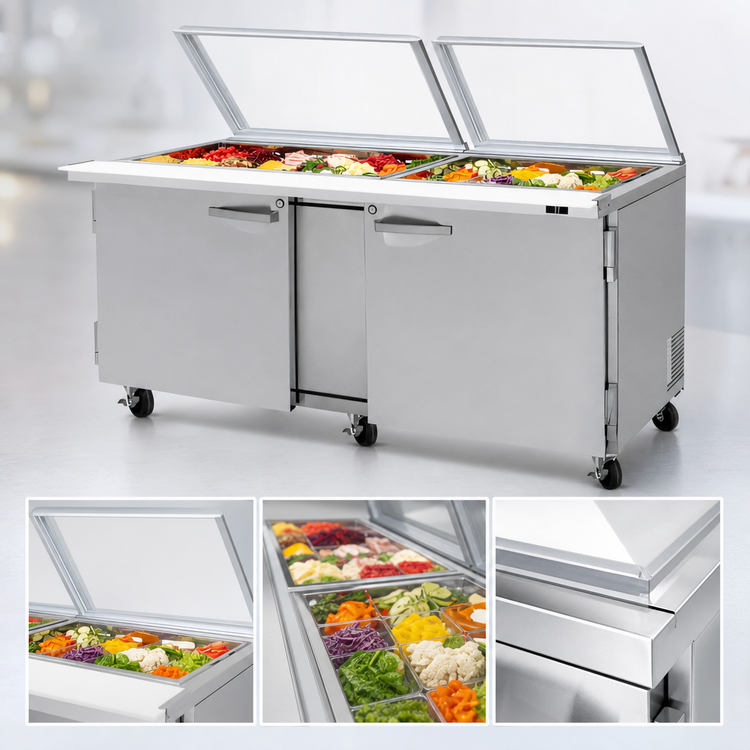 Product image #3 for Turbo Air PRO Series 72-5/8-Inch Two-Section Mega Top Glass Lid Sandwich/Salad Prep Table, 30 1/6-Size Pan Capacity