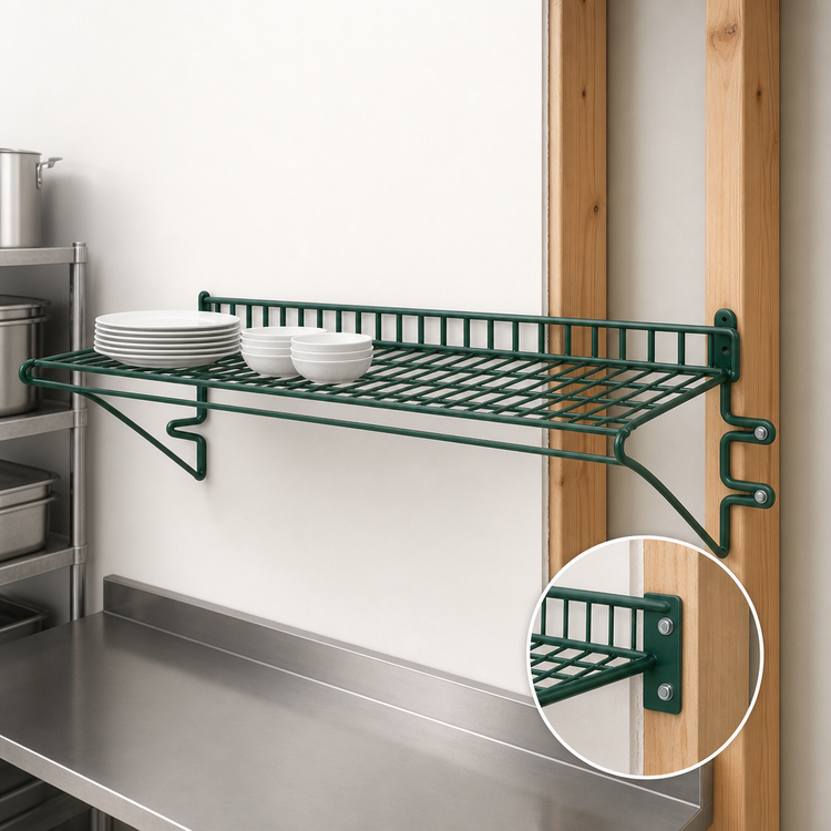 Product image #3 for 60" x 12" Wall-Mounted Wire Shelf with Green Epoxy Finish, 175 lb Capacity