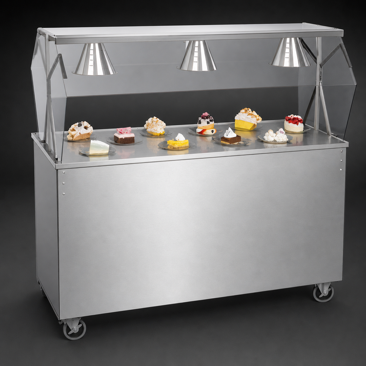 Product image #3 for Vollrath 2-Series Affordable Portable™ 60-Inch Mobile Utility Station with Solid Stainless Steel Top, Buffet-Style Breath Guard, and Brushed Aluminum Base