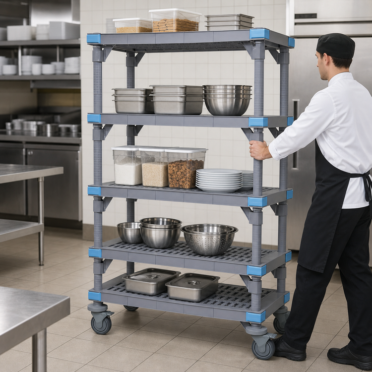 Product image #3 for Millenia 5-Shelf Mobile Open Grid Polymer Shelving Starter Unit, 36W x 21D x 62H, Gray