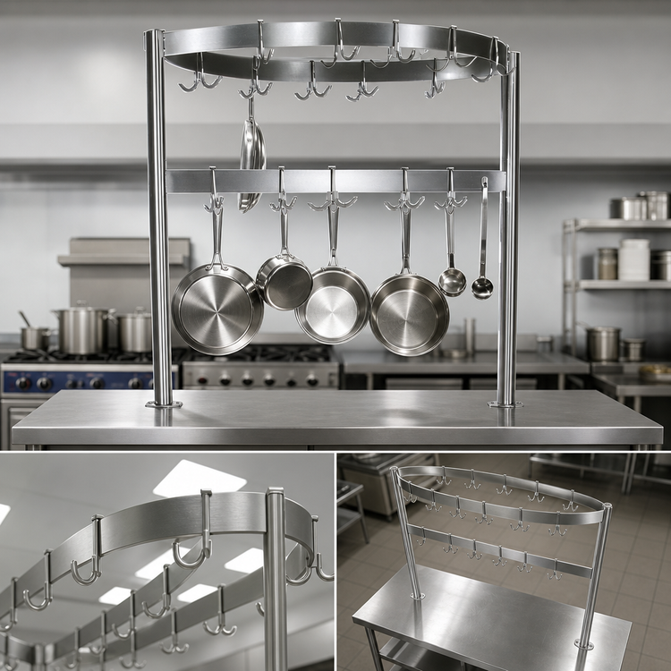 Product image #3 for John Boos Boat-Shaped Table-Mounted Stainless Steel Pot Rack for 72-Inch Tables, 67-1/4-Inch Wide, 18 Hooks