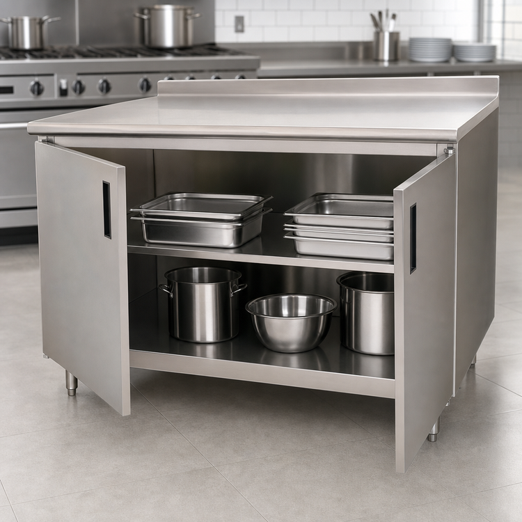 Product image #3 for Advance Tabco 96-Inch x 30-Inch Enclosed Work Table with Cabinet Base, Mid-Shelf, Hinged Doors, and 14 Gauge 304 Stainless Steel Top