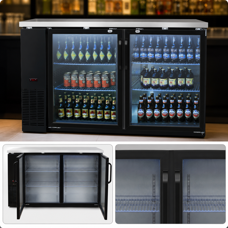 Product image #4 for Migali Competitor Series® Two-Section Glass Door Refrigerated Back Bar Cabinet, 60.8 Inch, 15.8 Cu. Ft., Self-Contained, Black and Stainless Steel