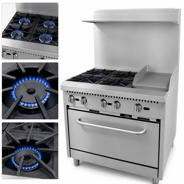 Product image #3 for Omcan 36-Inch Commercial Natural Gas Range with 4 Burners, Right 12-Inch Griddle and Standard Oven